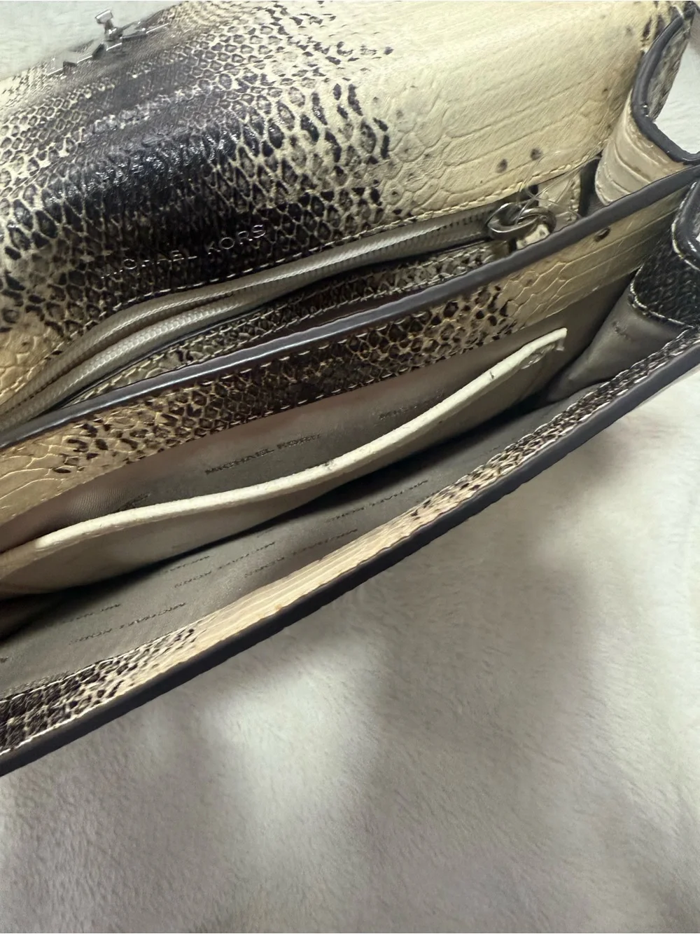 Michael Kors Cream and Black Snake-Print Crossbody with Chain